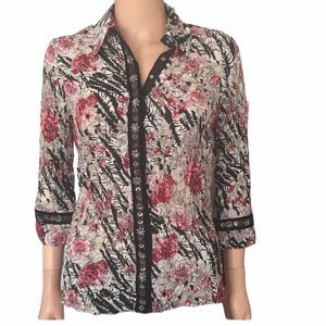 Agora Floral Boho Blouse | Dark Academia Botanical Print with Metal Detail